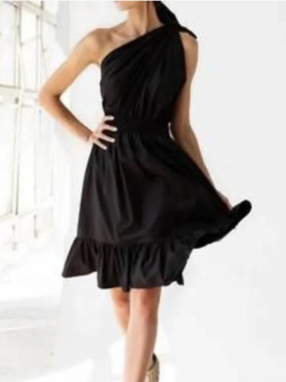 MONICA NERA One-Shoulder Black Ruffled Midi Dress Large